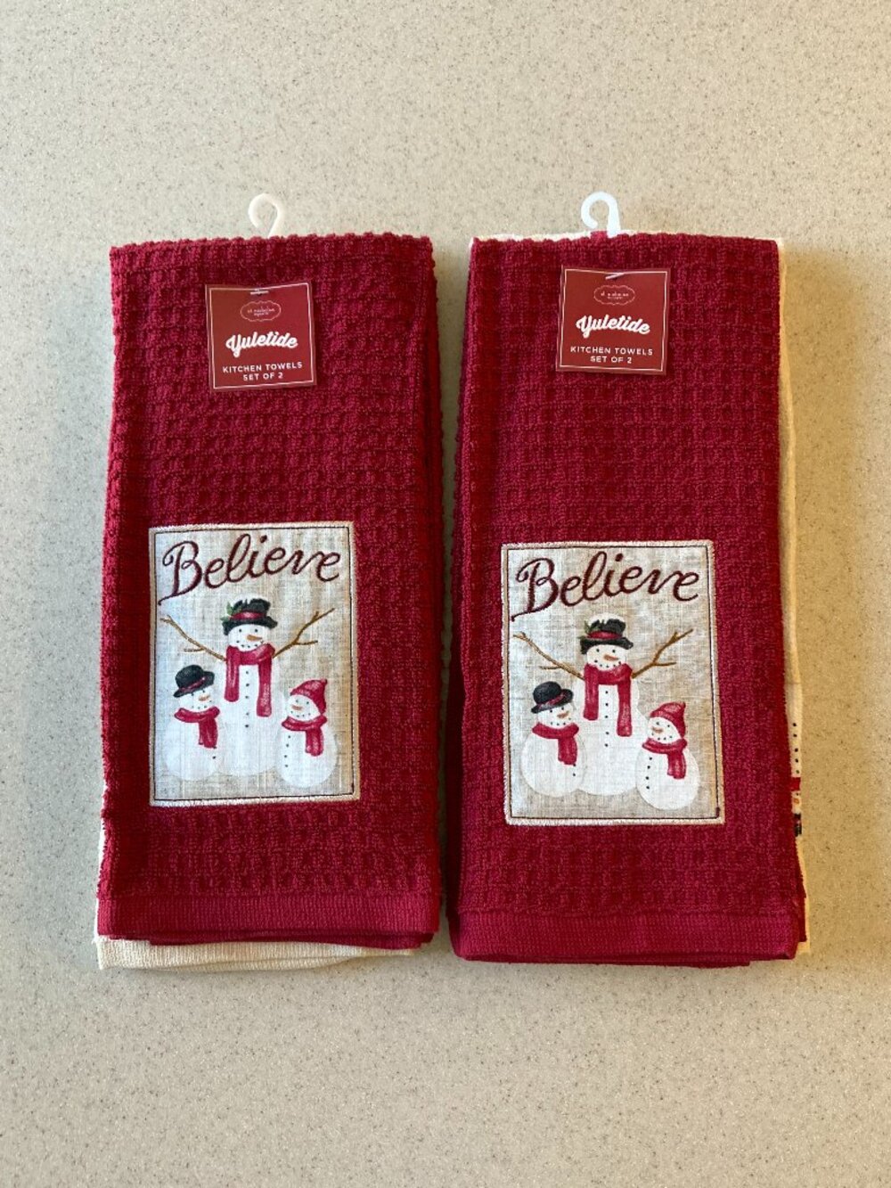 NWT St. Nicholas Square Kitchen Towels 4 Pc. Set Snowmen "Believe"